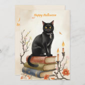 Black Cat & Spell Books Watercolor Halloween Feestdagenkaart (Voorkant / Achterkant)