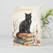 Black Cat & Spell Books Watercolor Halloween Feestdagenkaart (Staand voorkant)