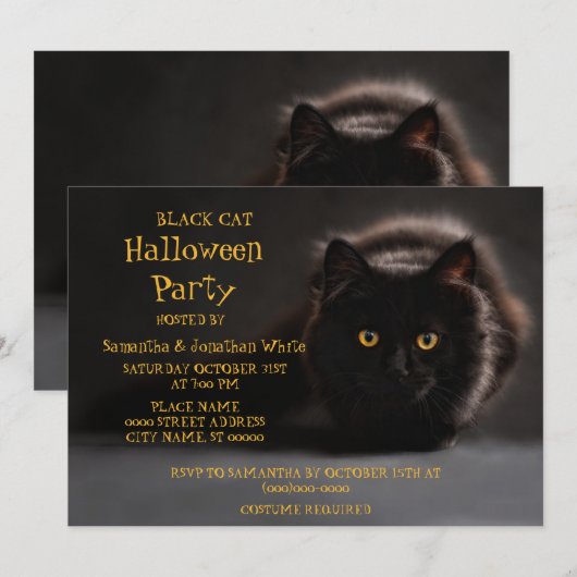 Black Cat Spooky Evil Halloween Party Kaart (Voorkant / Achterkant)