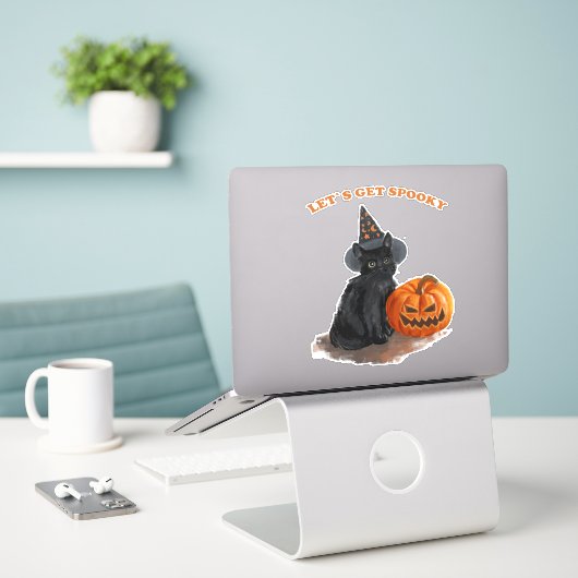 Black Cat Spooky Halloween FUNNY Sticker (Laptop op bureau)