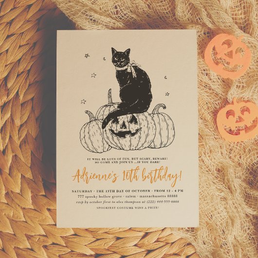 Black Cat Spooky Halloween Pumpkin Birthday Party Kaart