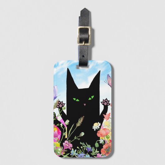 Black Cat Spring Fever:  Kitty and Flowers Bagagelabel (Voorkant (verticaal))