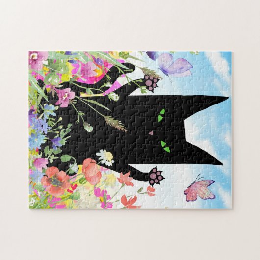 Black Cat Spring Fever:  Kitty and Flowers Legpuzzel (Horizontaal)