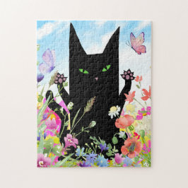 Black Cat Spring Fever:  Kitty and Flowers Legpuzzel