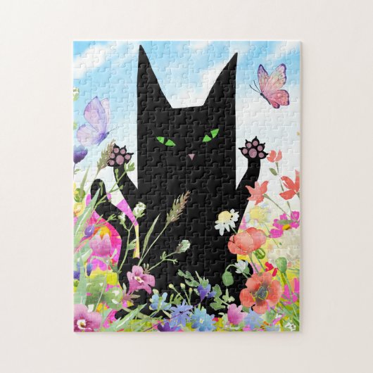 Black Cat Spring Fever: Kitty and Flowers Legpuzzel (Verticaal)