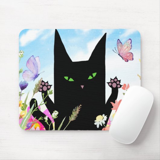 Black Cat Spring Fever:  Kitty and Flowers Muismat (Met muis)