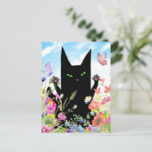 Black Cat Spring Greeting Card: Kitty and Flowers Briefkaart (Staand voorkant)