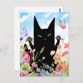 Black Cat Spring Greeting Card: Kitty and Flowers Briefkaart (Voorkant / Achterkant)