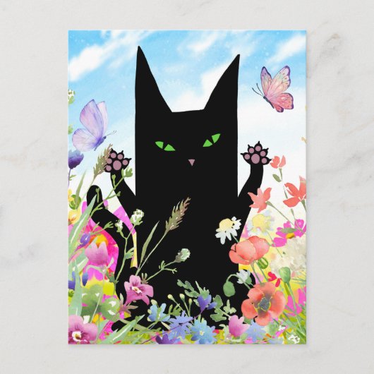 Black Cat Spring Greeting Card: Kitty and Flowers Briefkaart (Voorkant)