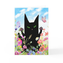 Black Cat Spring Greeting Card:  Kitty and Flowers
