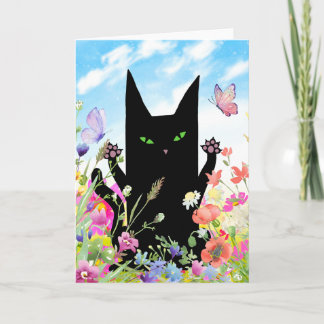 Black Cat Spring Greeting Card:  Kitty and Flowers Kaart