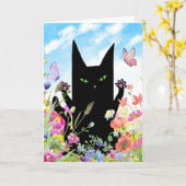Black Cat Spring Greeting Card: Kitty and Flowers Kaart (Gele Bloem)