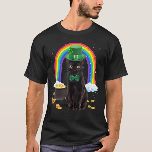 Black Cat St Patricks Day Leprechaun Costume Shamr T-shirt (Voorkant)