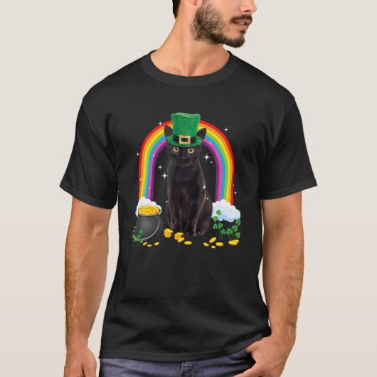 Black Cat St Patricks Day Leprechaun Costume Shamr T-shirt (Voorkant)