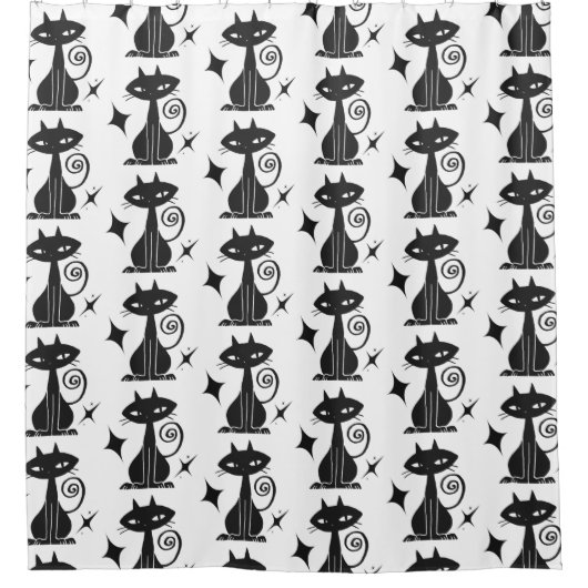 Black Cat Starburst Mid Century Moderne Shower Cur Douchegordijn (Voorkant)