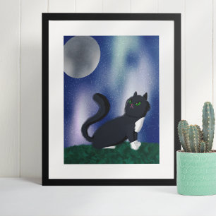Black Cat Sterrennacht Painting Poster