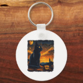 Black Cat Sterrennacht Van Gogh Pumpkins Bats Hall Sleutelhanger (Voorkant)