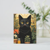 Black Cat Stilleven Poses in Bloemen Schilderen Briefkaart (Staand voorkant)