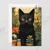 Black Cat Stilleven Poses in Bloemen Schilderen Briefkaart (Voorkant / Achterkant)