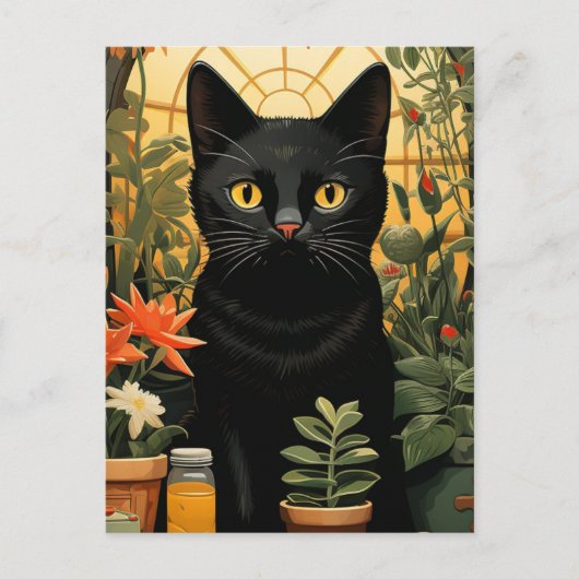 Black Cat Stilleven Poses in Bloemen Schilderen Briefkaart (Voorkant)