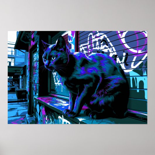 Black Cat Street Punk Neon Design Poster Print (Voorkant)