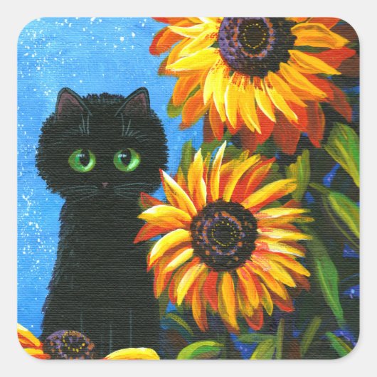 Black Cat Sunflower Creationarts Square Sticker (Voorkant)
