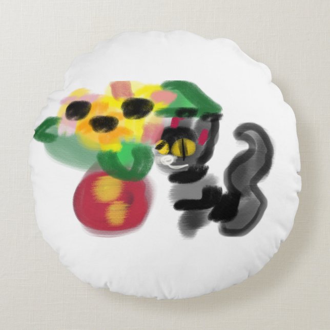 Black cat sunflowers  rond kussen (Voorkant)