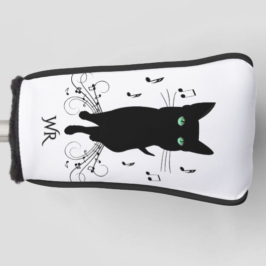 Black Cat Surrounded by Notes of Music Monogram Golfheadcover (Voorkant)