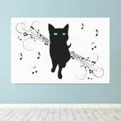 Black Cat Surrounded by Whispering Notes of Music Canvas Afdruk (Insitu (Houten vloer))