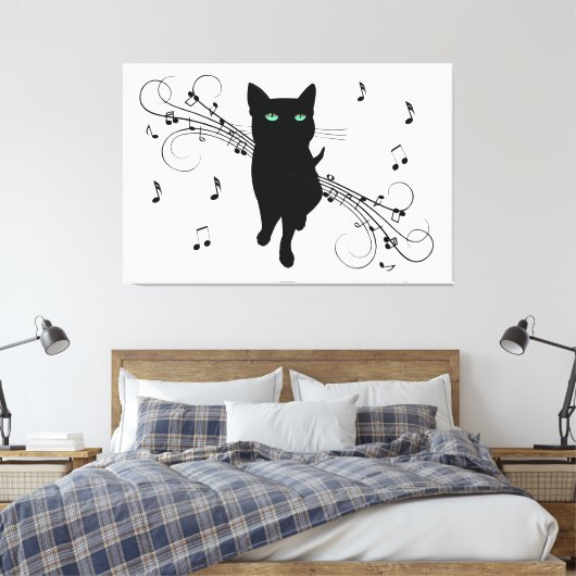 Black Cat Surrounded by Whispering Notes of Music Canvas Afdruk (Insitu (Slaapkamer))