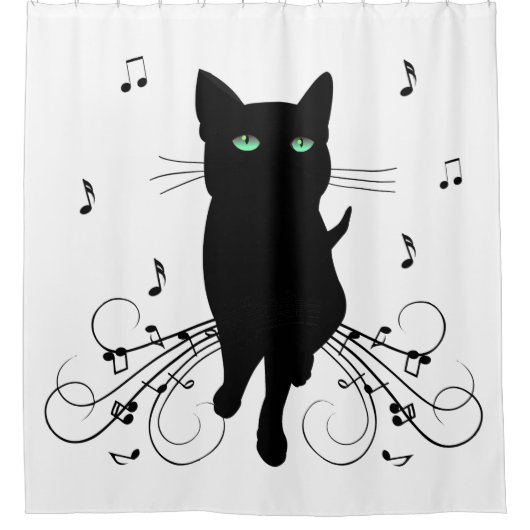 Black Cat Surrounded by Whispering Notes of Music Douchegordijn (Voorkant)