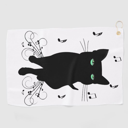 Black Cat Surrounded by Whispering Notes of Music Golfhanddoek (Horizontaal)