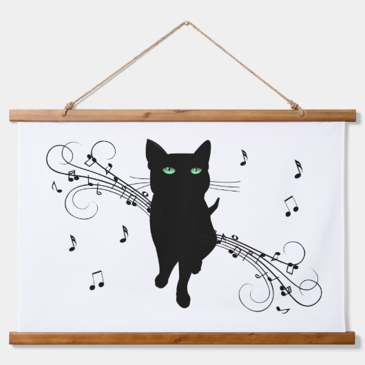 Black Cat Surrounded by Whispering Notes of Music Hangend Wandkleed (Voorkant)