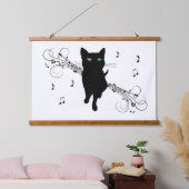 Black Cat Surrounded by Whispering Notes of Music Hangend Wandkleed (Slaapkamer)