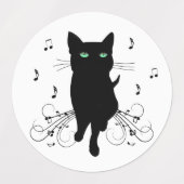 Black Cat Surrounded by Whispering Notes of Music Labels (Design 2)