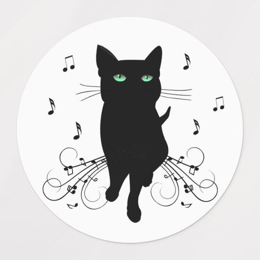 Black Cat Surrounded by Whispering Notes of Music Labels (Design 1)