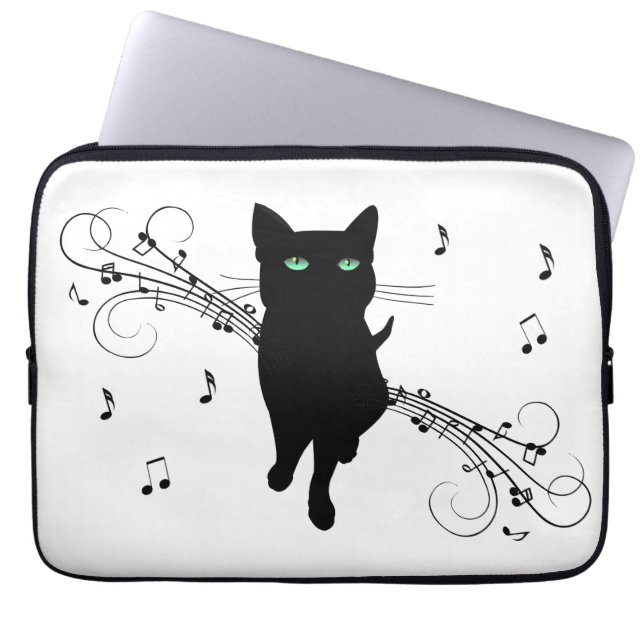 Black Cat Surrounded by Whispering Notes of Music Laptop Sleeve (Voorkant)