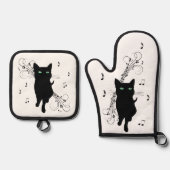 Black Cat Surrounded by Whispering Notes of Music Ovenwant & Pannenlap Set (Voorkant)