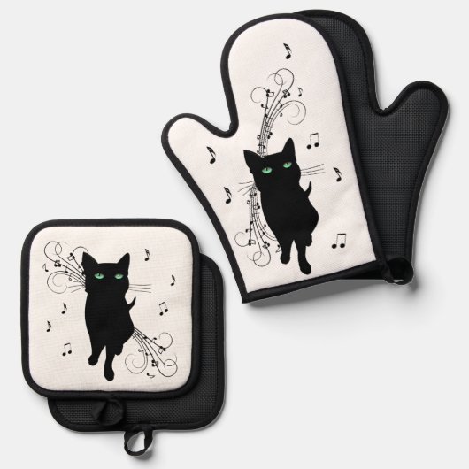 Black Cat Surrounded by Whispering Notes of Music Ovenwant & Pannenlap Set (Voorkant / Achterkant)