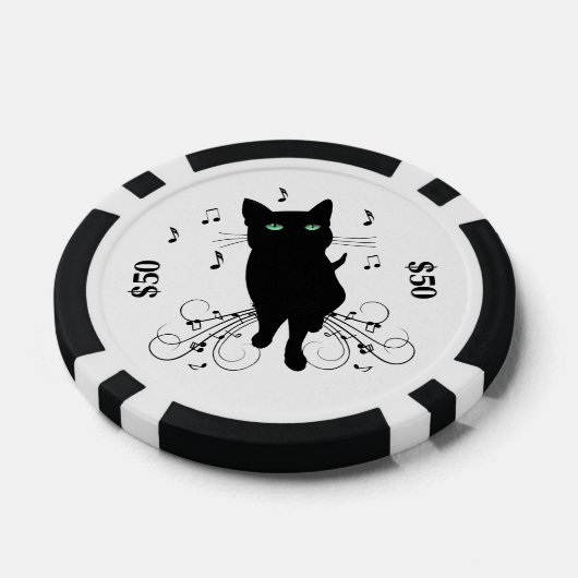 Black Cat Surrounded by Whispering Notes of Music Poker Chips (Enkel)
