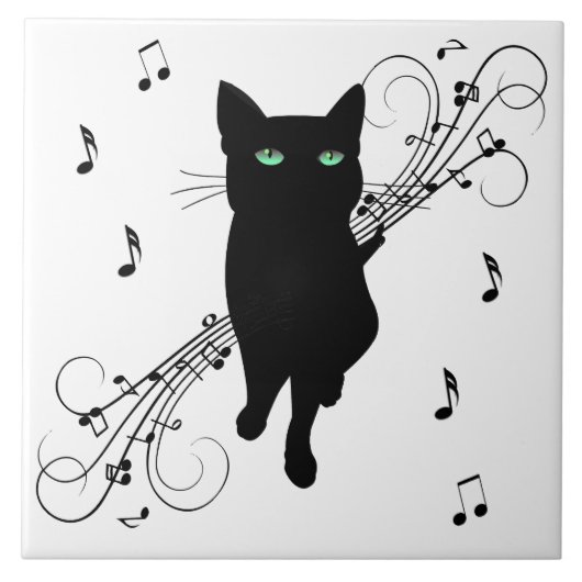 Black Cat Surrounded by Whispering Notes of Music Tegeltje (Voorkant)