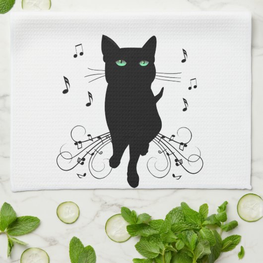 Black Cat Surrounded by Whispering Notes of Music Theedoek (Gevouwen)