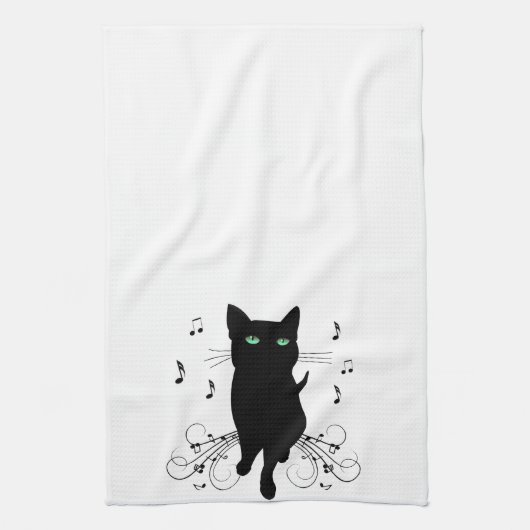 Black Cat Surrounded by Whispering Notes of Music Theedoek (Verticaal)