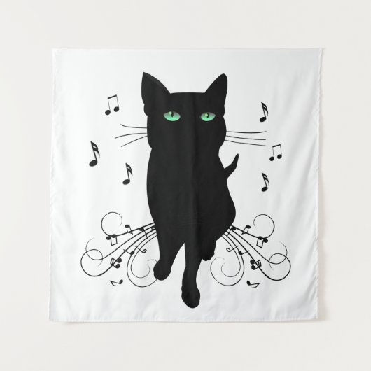 Black Cat Surrounded by Whispering Notes of Music Wandkleed (Voorkant)