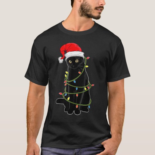 Black Cat Tangled Up In Christmas Lights Santa Hat T-shirt (Voorkant)