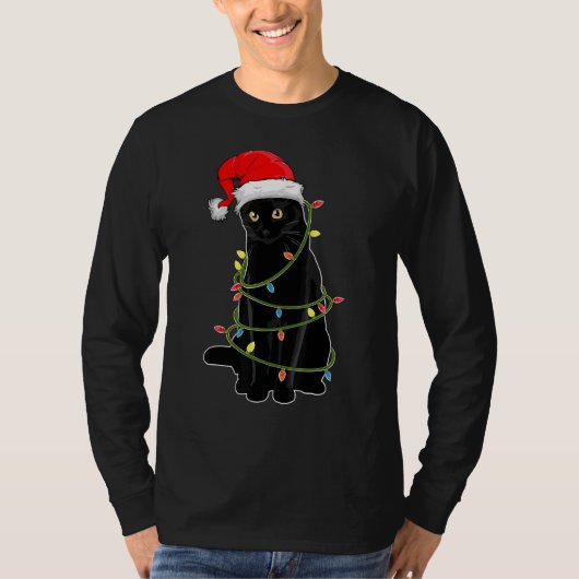 Black Cat Tangled Up In Christmas Lights Santa Hat T-shirt (Voorkant)