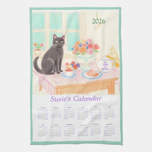 Black Cat & Tea Party Kitchen Towel Calendar Theedoek (Verticaal)