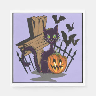 Black Cat Tombstone Black Bats Halloween Servet