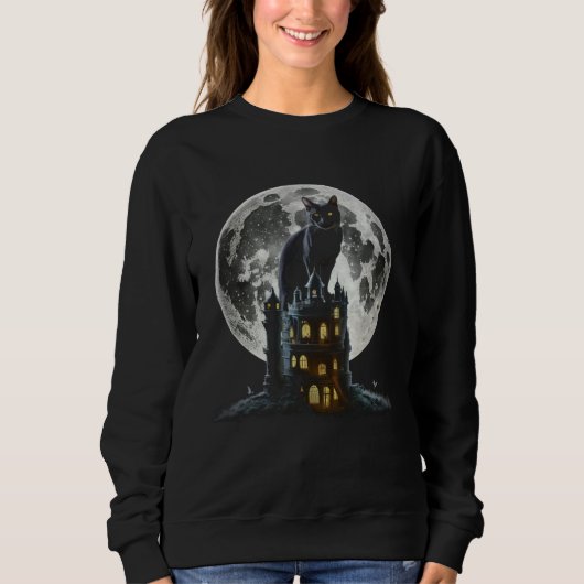 Black Cat Tower Moon Graphic Tees Men Women Boys G (Voorkant)