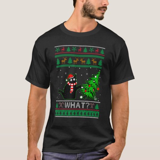 Black Cat Ugly Christmas Sweater Tree Over Cat Wha T-shirt (Voorkant)